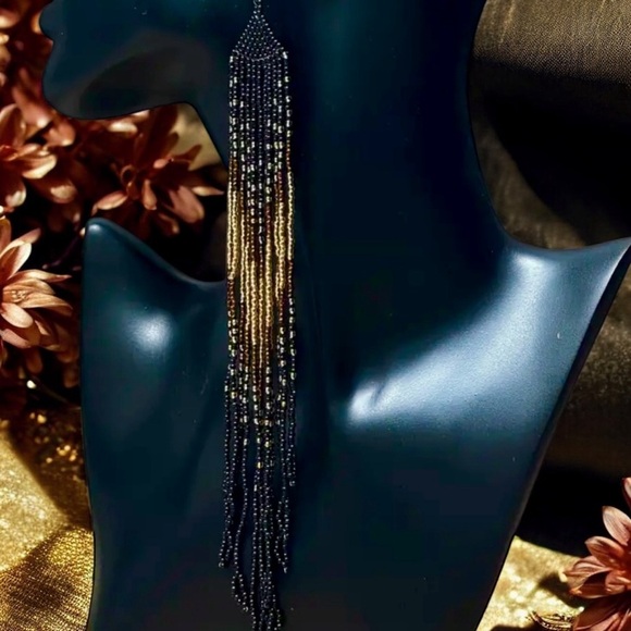 Sexy Dramatic Black and Gold Glass Beaded Fringe Earrings Handmade - Picture 10 of 16